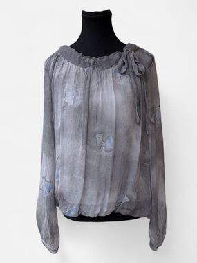 Women's Gray Sheer Tie-Neck Blouse